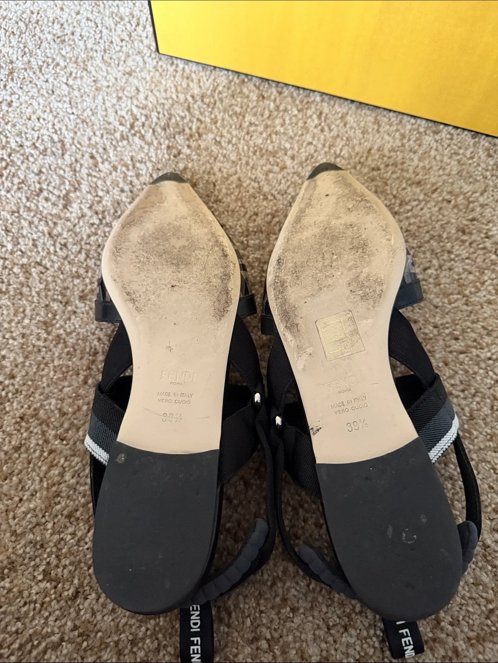 Fendi Black and Tan Logo Pointed Slingback Flats